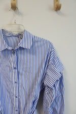 Valerie Stevens Blue & White Striped Belted Button Down Top | S