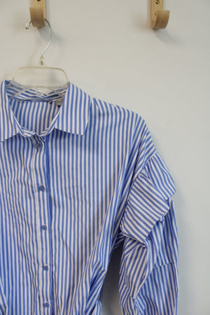 Valerie Stevens Blue & White Striped Belted Button Down Top | S