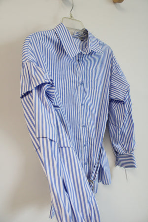 Valerie Stevens Blue & White Striped Belted Button Down Top | S