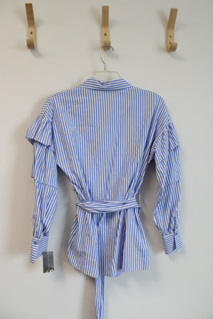 Valerie Stevens Blue & White Striped Belted Button Down Top | S
