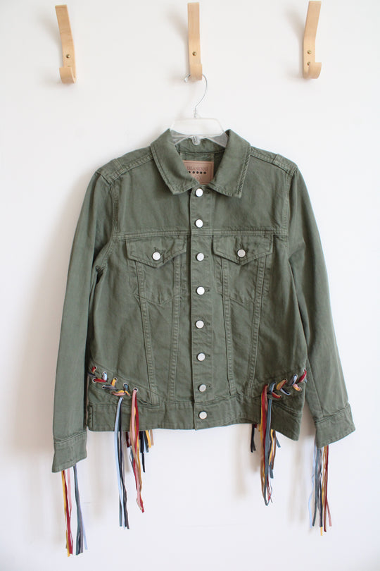 NEW Blank NYC Laced Fringe Olive Green Denim Jacket | S