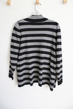Pointelle Black Gray Striped Knit Cardigan | M