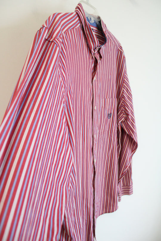 Chaps Easy Care Red Blue & White Striped Button Down Shirt | XL