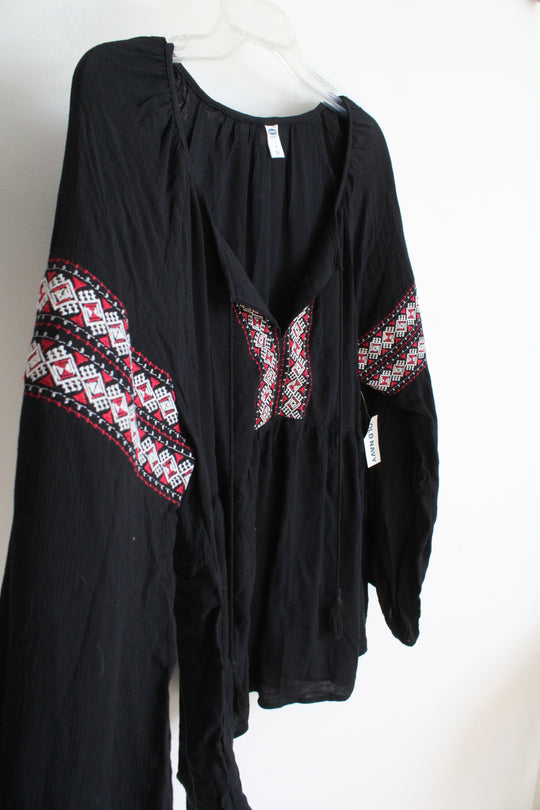 NEW Old Navy Black Red & White Embroidered Long Sleeved Top | L