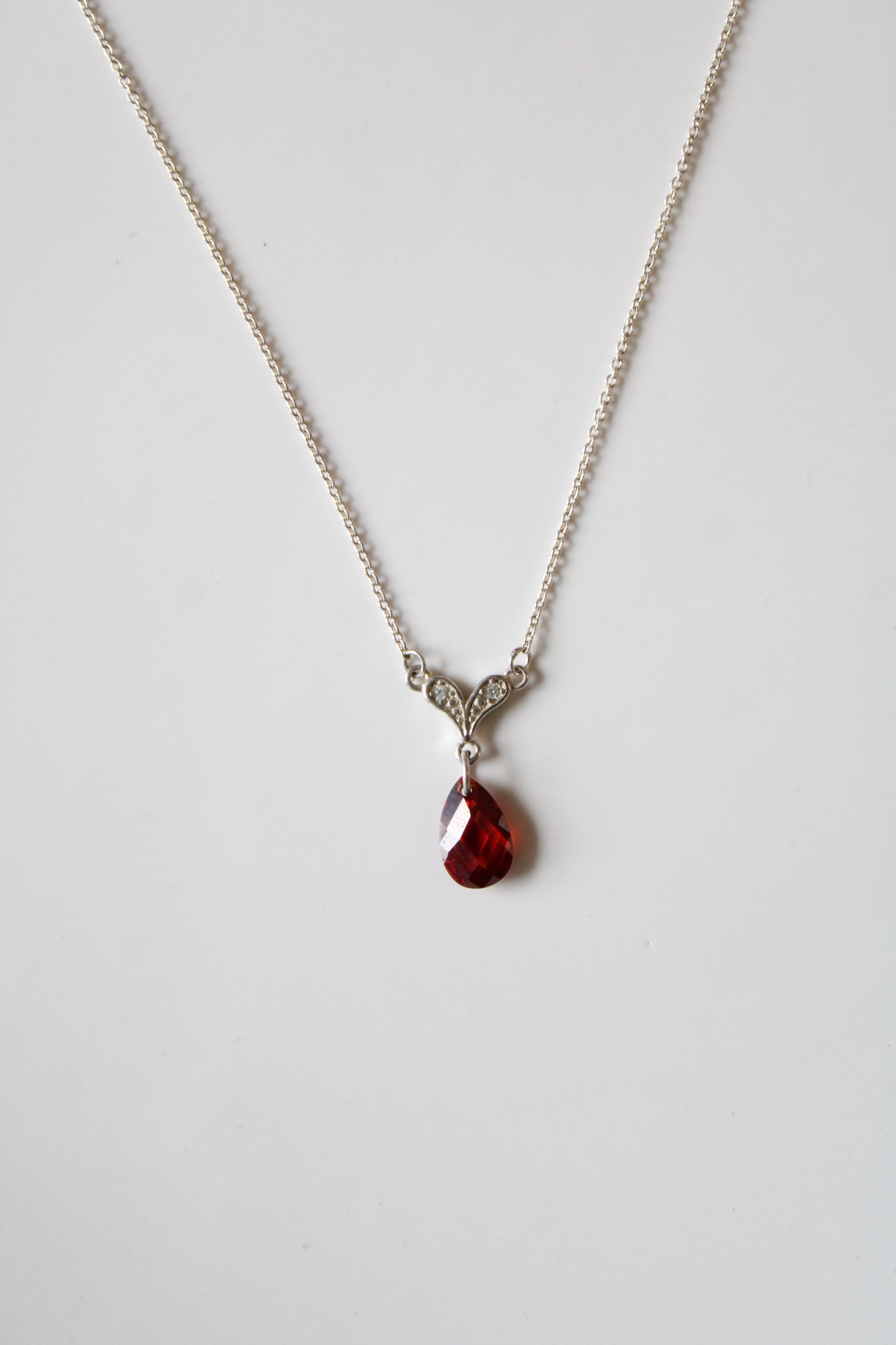 Garnet Teardrop Pendant Sterling Silver Necklace