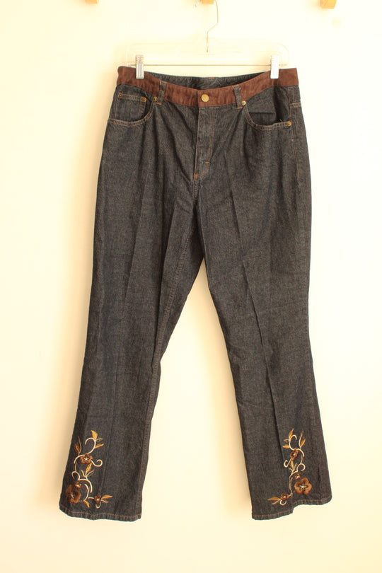 Classic Blues Dark Wash Denim with Brown Suede Waistband and Floral Embroidery | 14