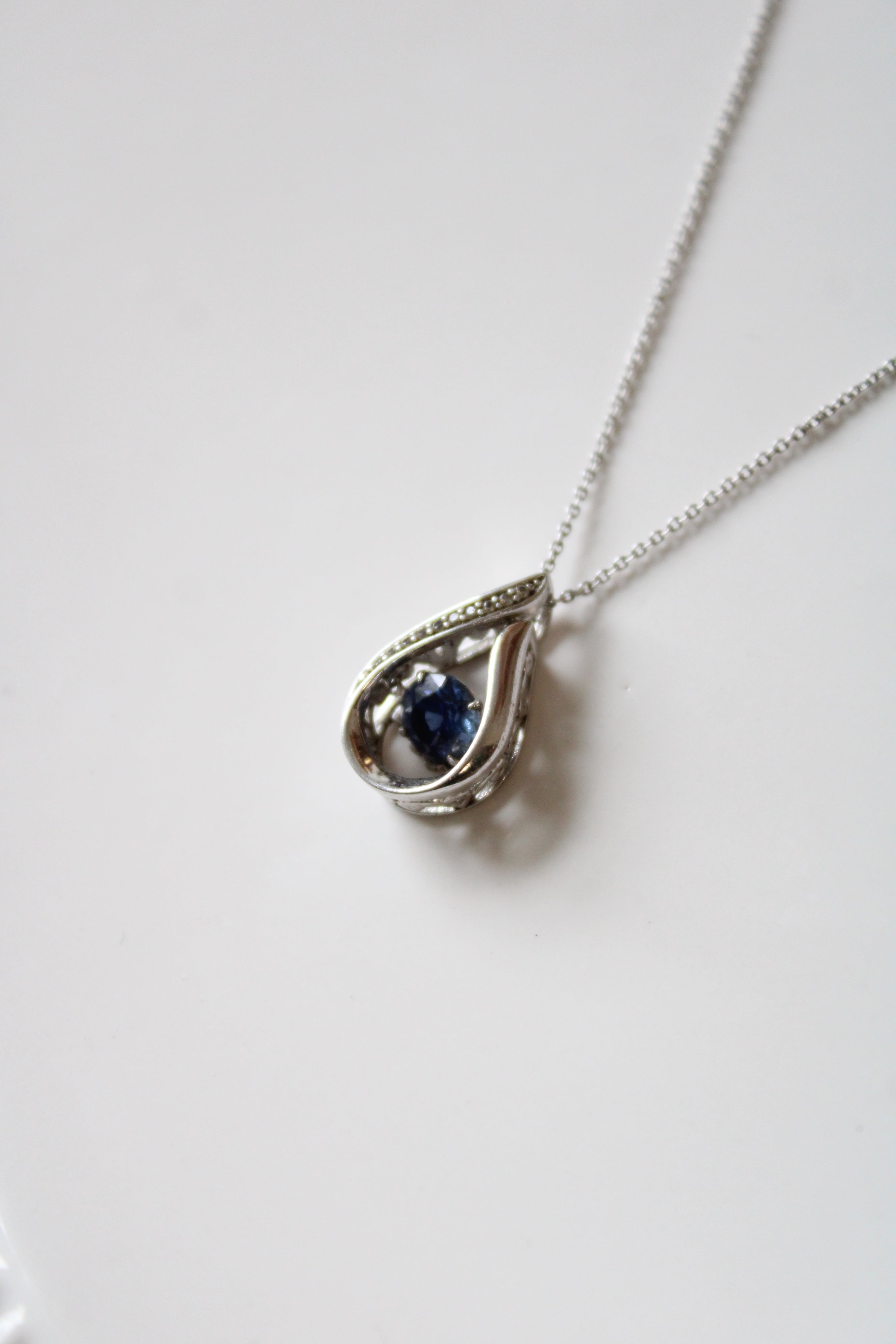 Sapphire Teardrop Sterling Silver Pendant Moving Gem Necklace