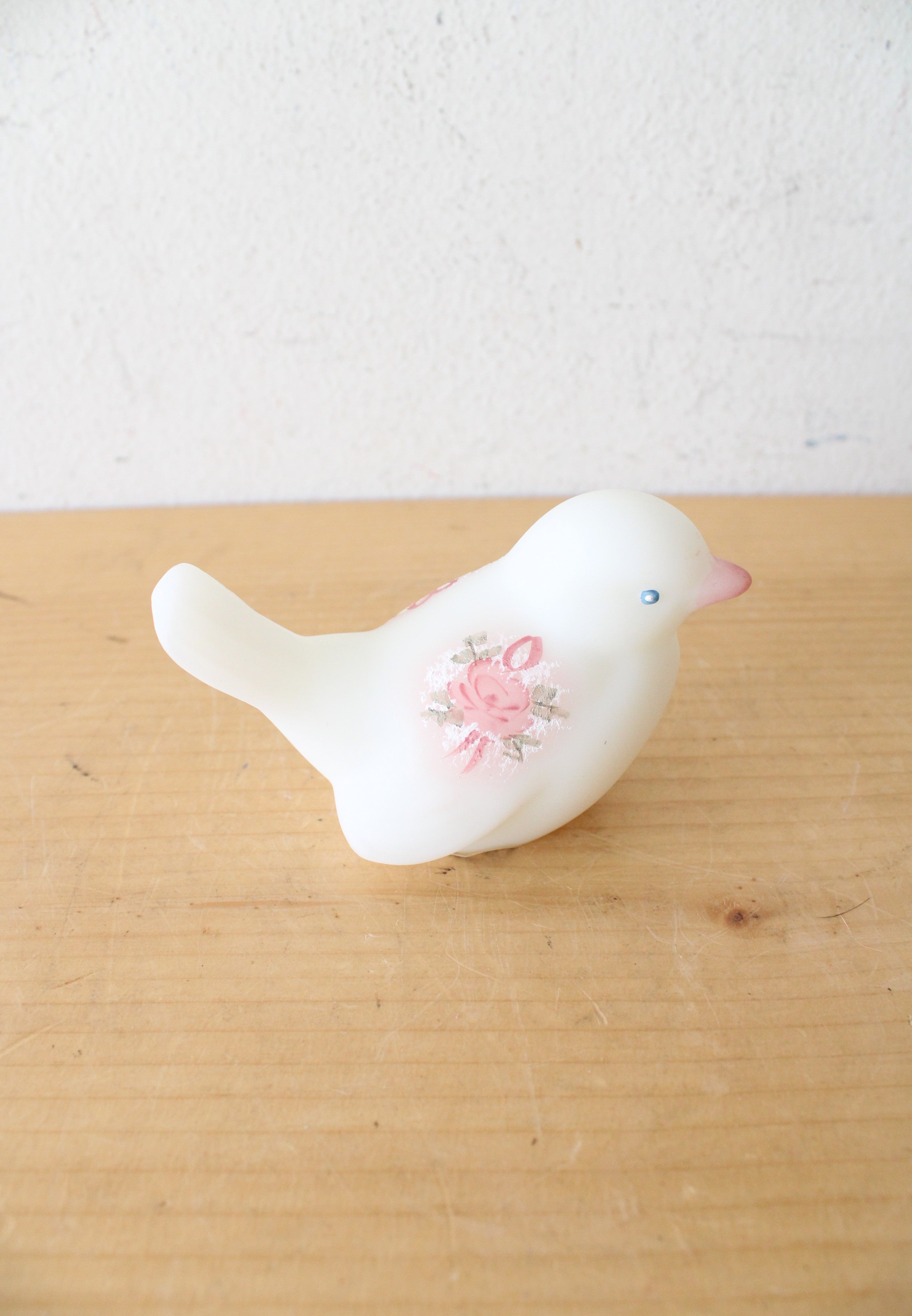 Vintage Fenton Hand Painted Satin White Floral Glass Bird