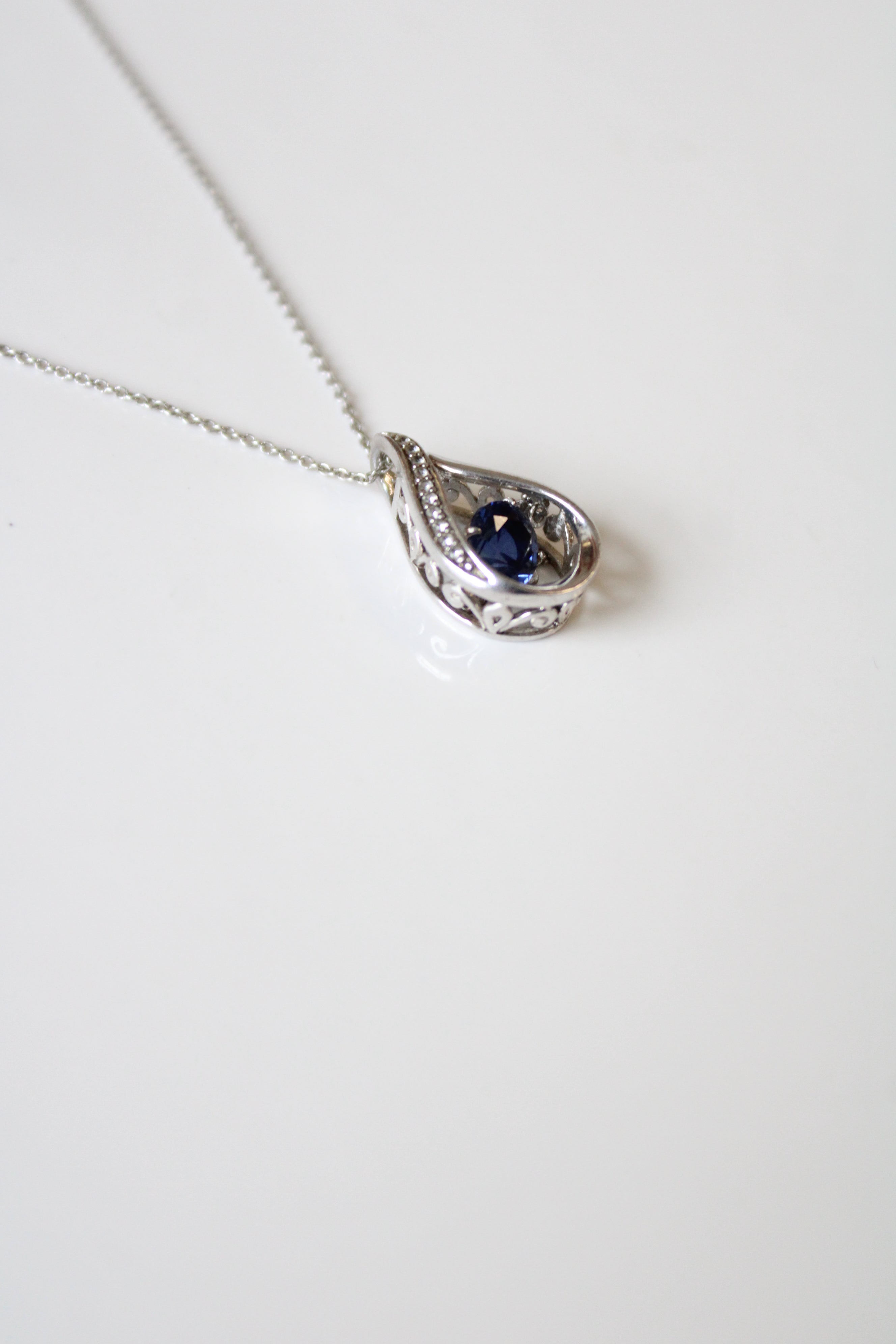 Sapphire Teardrop Sterling Silver Pendant Moving Gem Necklace