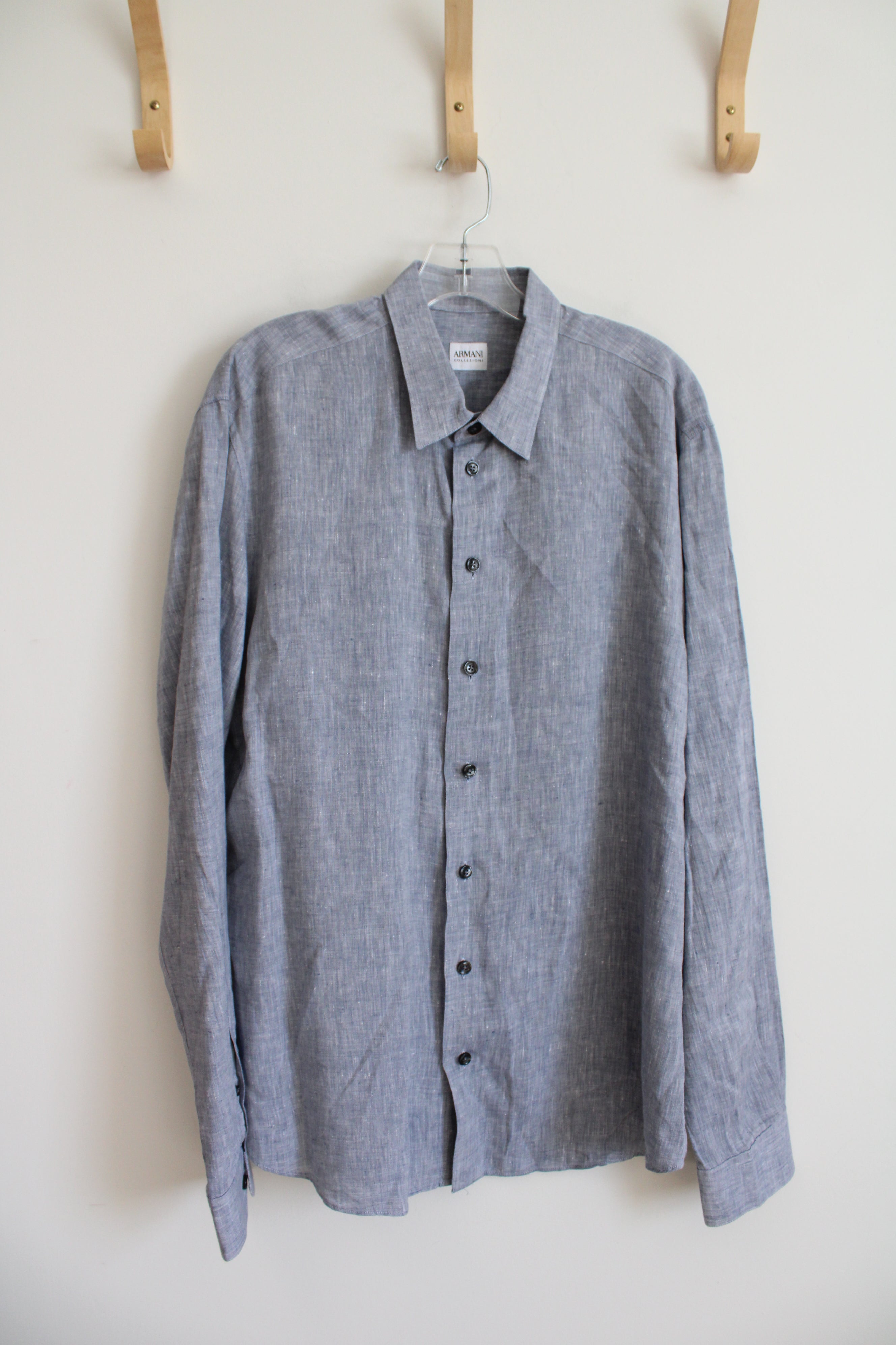 Armani Collezioni Blue Flax Linen Button Down Shirt | XL