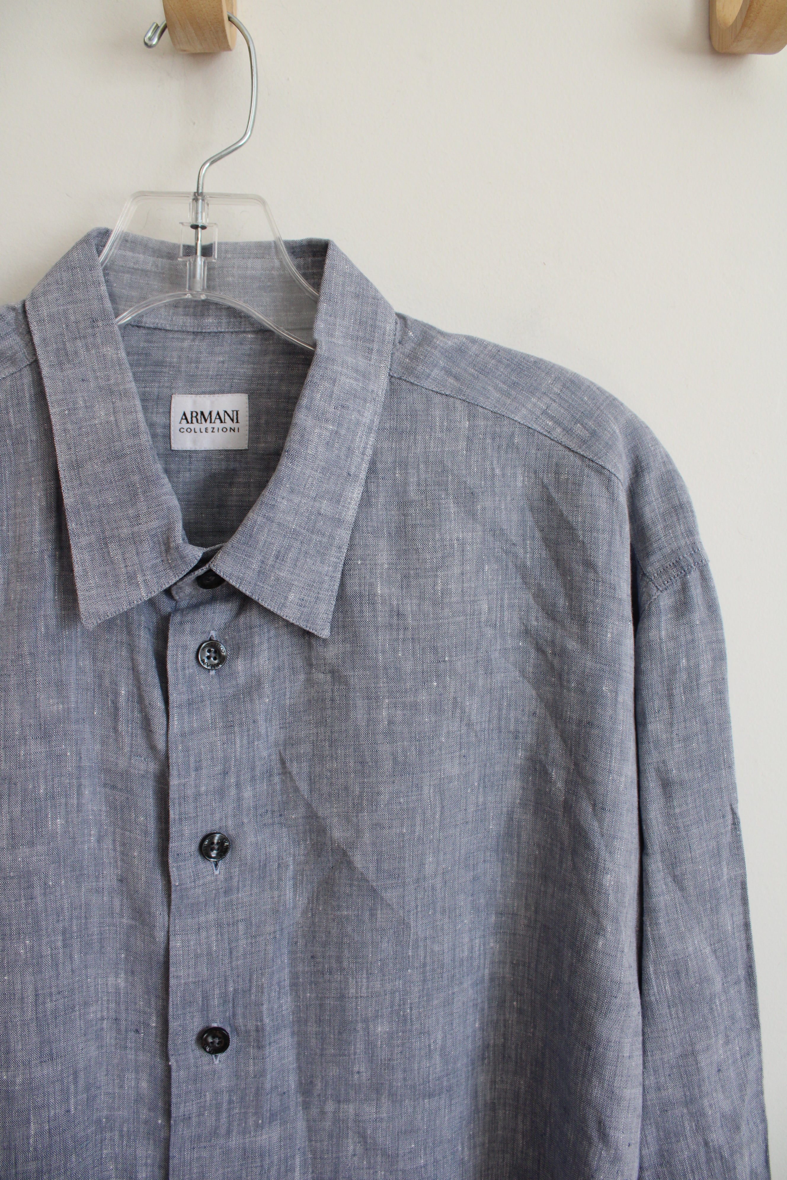 Armani Collezioni Blue Flax Linen Button Down Shirt | XL