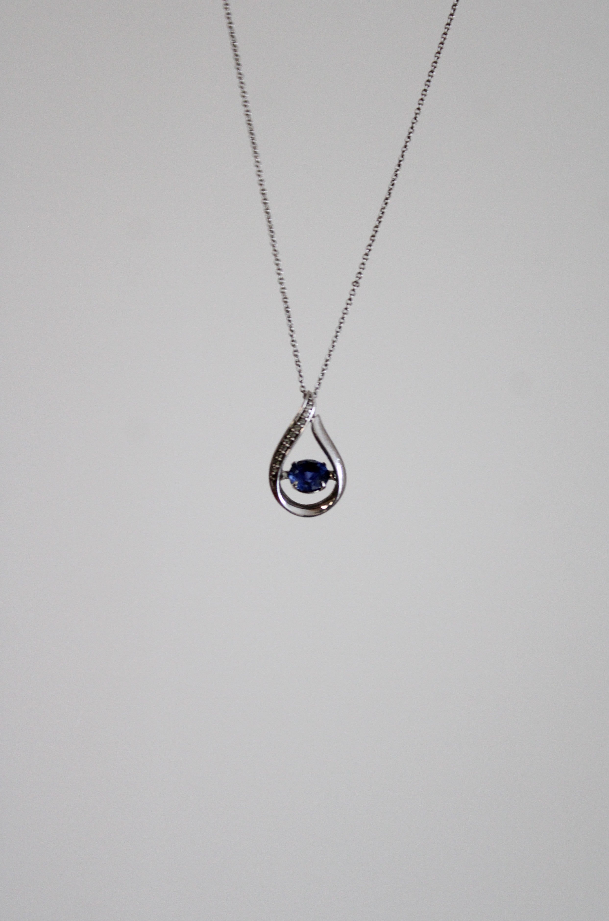 Sapphire Teardrop Sterling Silver Pendant Moving Gem Necklace