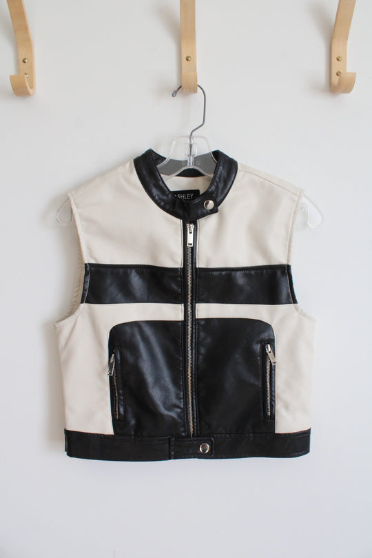 Ashley Outerwear Cream & Black Faux Leather Vest | S