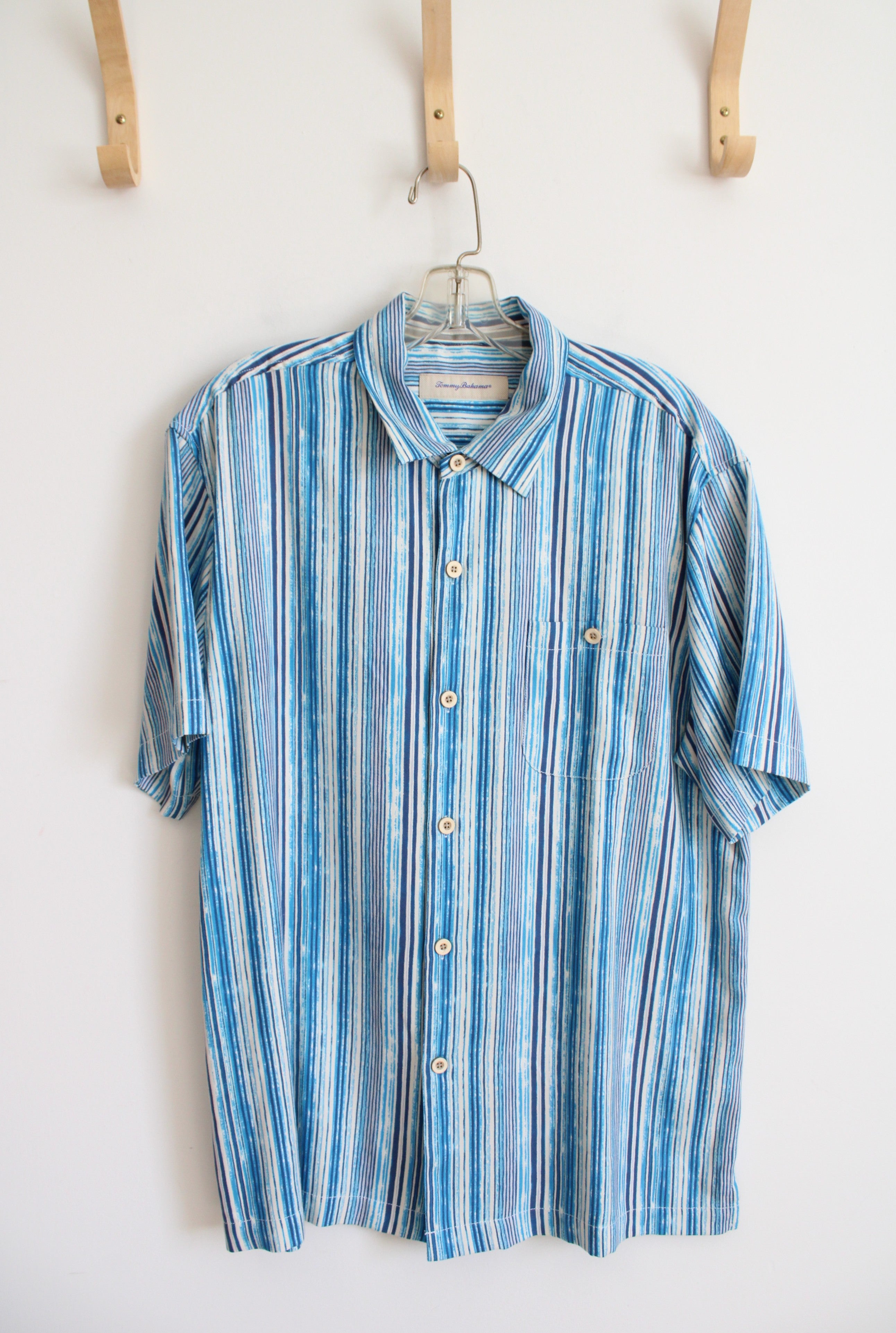 Tommy Bahama Blue Striped Button Down Silk Blend Shirt | L