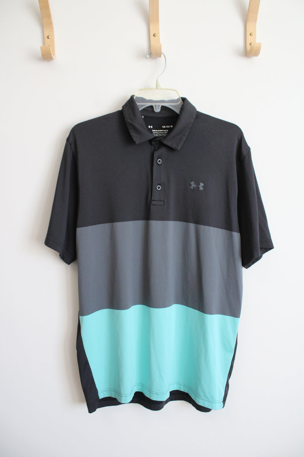 Under Armour Black Gray & Teal Color Block Playoff Polo Shirt | L