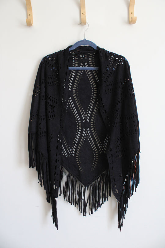 Charlotte Daniel Black Faux Suede Fringe Shawl