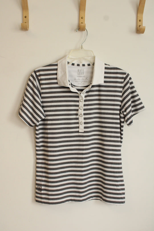 Kate Lord Performance Gray and White Striped Polo | M