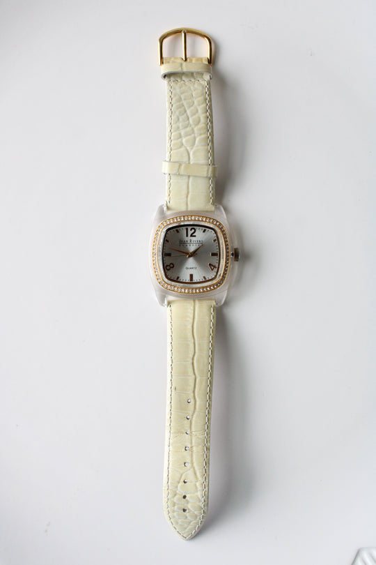 Joan Rivers Cream Alligator Strap Yellow Gold Square Face Watch