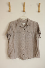 CJ Banks Tan and White Short Sleeve Printed Button Up | 2XL