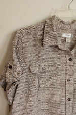 CJ Banks Tan and White Short Sleeve Printed Button Up | 2XL