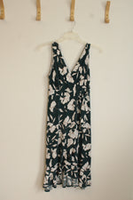 Emerald Green and White Floral Print Wrap Dress with Ruffle | M