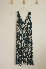 Emerald Green and White Floral Print Wrap Dress with Ruffle | M