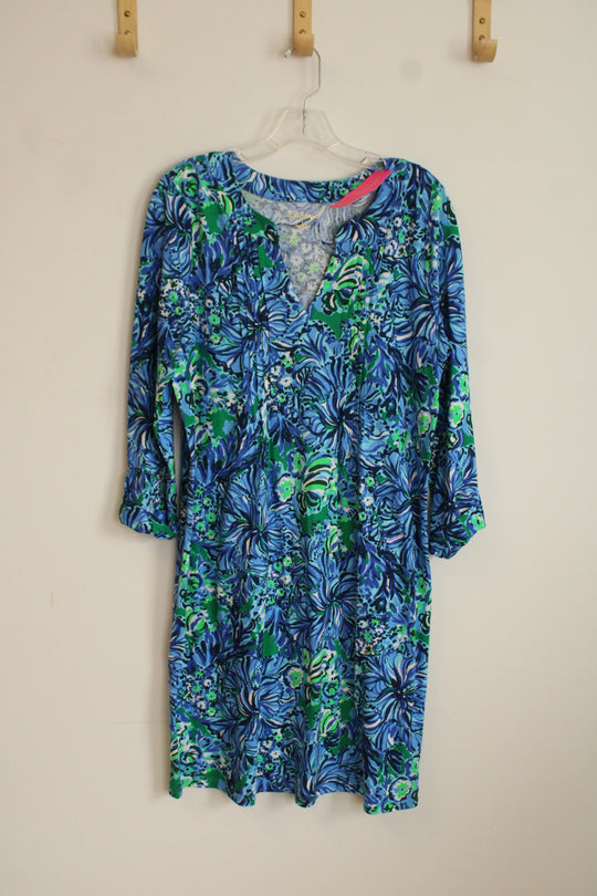 NEW Lilly Pulitzer Blue and Green Paisley Print 3 Quarter Sleeve Dress | L