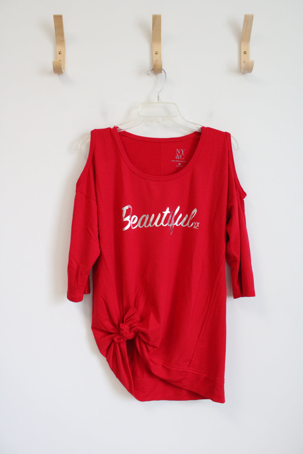 NEW New York & Company Red & Silver Beautiful Cold Shoulder Tied Top | M