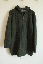 Aran Crafts Ireland Olive Green Knit Merino Wool Hooded Jacket | XXL