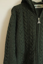 Aran Crafts Ireland Olive Green Knit Merino Wool Hooded Jacket | XXL