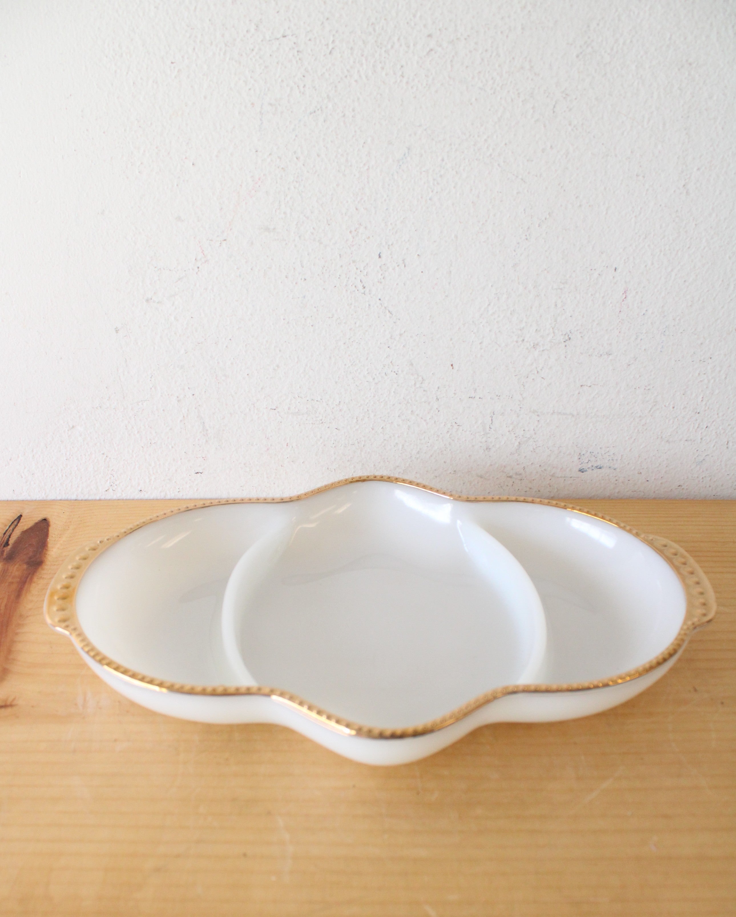 Vintage Anchor Hocking Fire-King Gold Trimmed Divided Milk White Glass Tray