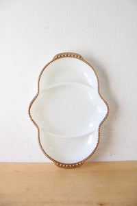 Vintage Anchor Hocking Fire-King Gold Trimmed Divided Milk White Glass Tray