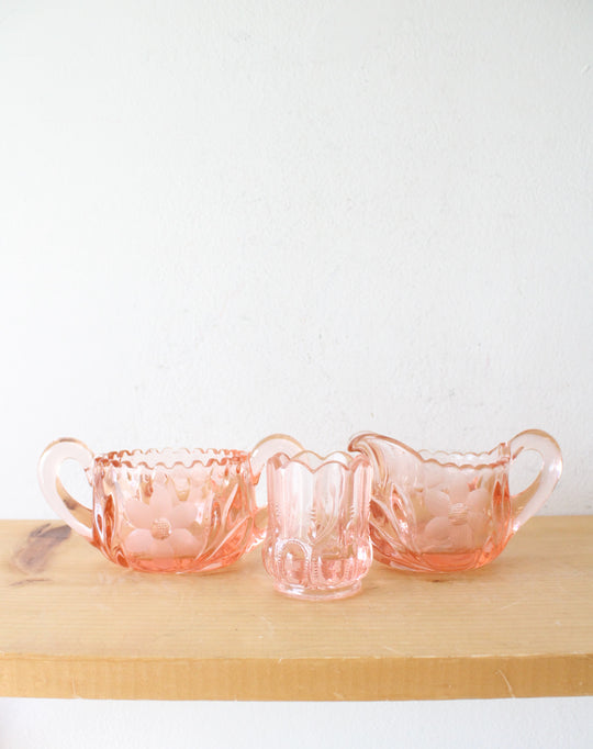 EAPG McKee 6 Petals & Star Pink Depression Glass Creamer Sugar & Toothpick Holder Set
