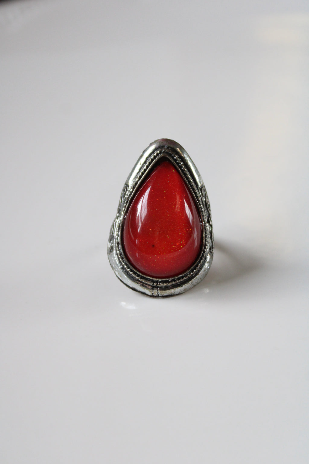 Sterling Silver Red Center Pear Shaped Ring | Adjustable