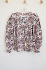 NEW LOFT White Red Paisley Cotton Long Sleeved Top | XS Petite