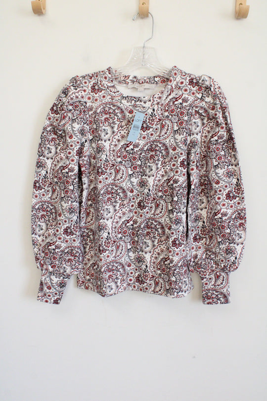 NEW LOFT White Red Paisley Cotton Long Sleeved Top | XS Petite