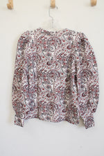 NEW LOFT White Red Paisley Cotton Long Sleeved Top | XS Petite