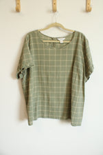 CJ Banks Light Sage Green Windowpane Plaid Cotton Shirt | 3X