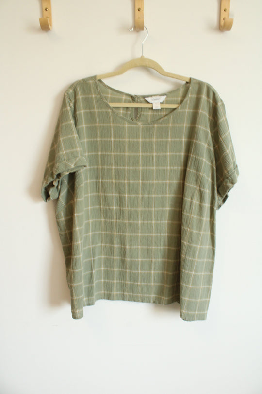 CJ Banks Light Sage Green Windowpane Plaid Cotton Shirt | 3X