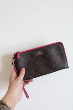 Coach Signature Brown Pink Trim Double Zip Wristlet