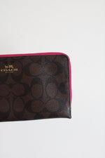 Coach Signature Brown Pink Trim Double Zip Wristlet