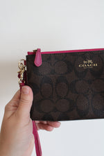 Coach Signature Brown Pink Trim Double Zip Wristlet