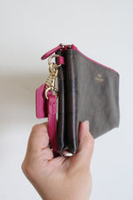 Coach Signature Brown Pink Trim Double Zip Wristlet