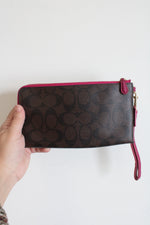 Coach Signature Brown Pink Trim Double Zip Wristlet