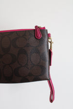 Coach Signature Brown Pink Trim Double Zip Wristlet