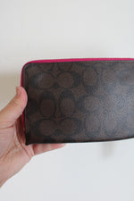 Coach Signature Brown Pink Trim Double Zip Wristlet