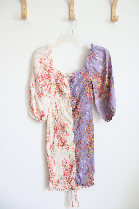 O.Vianca Purple & Cream Floral Ruched Bodycon Dress | L