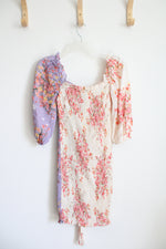 O.Vianca Purple & Cream Floral Ruched Bodycon Dress | L