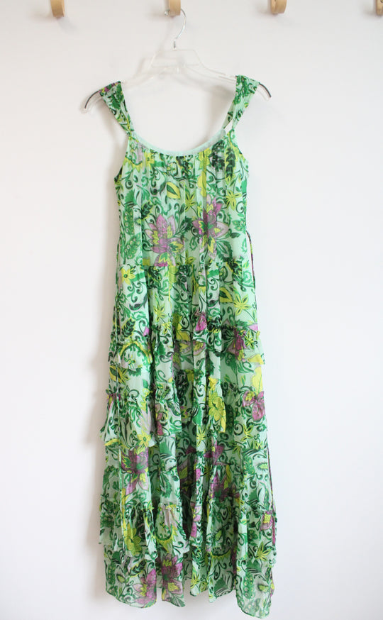 Diane Von Furstenberg Modena Silk Blend Green Tiered Floral Dress | XXS