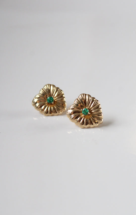 14KT Yellow Gold Emerald Lily Pad Stud Earrings